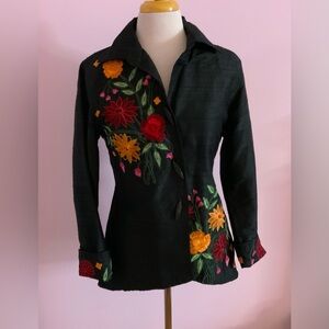 Floral Embroidered Silk  Black Blouse